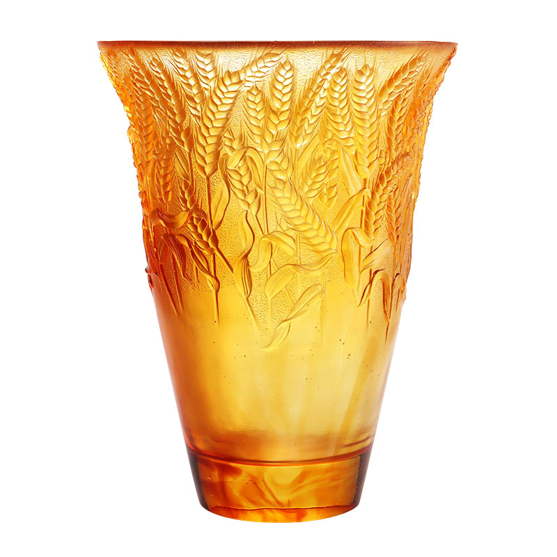 گلدان شیشه ای کهربایی منبت کاری شده با خوشه های گندمی